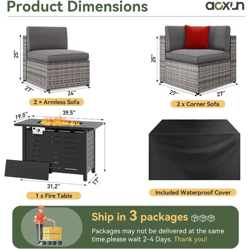 5 Piece Patio Furniture Set with 41'' Metal Fire Pit Table Wicker Rattan Patio Conversation Set Outdoor Sectional Sofa Set