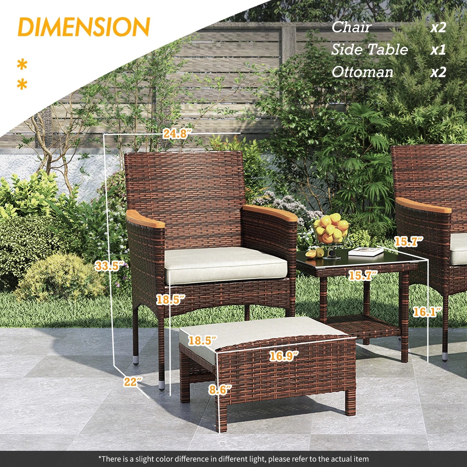 5 Piece Outdoor Patio Furniture Set with Table&Ottoman Outdoor Furniture Patio Set Bistro Wicker Patio Set (Brown Wicker&Khaki Cushion)