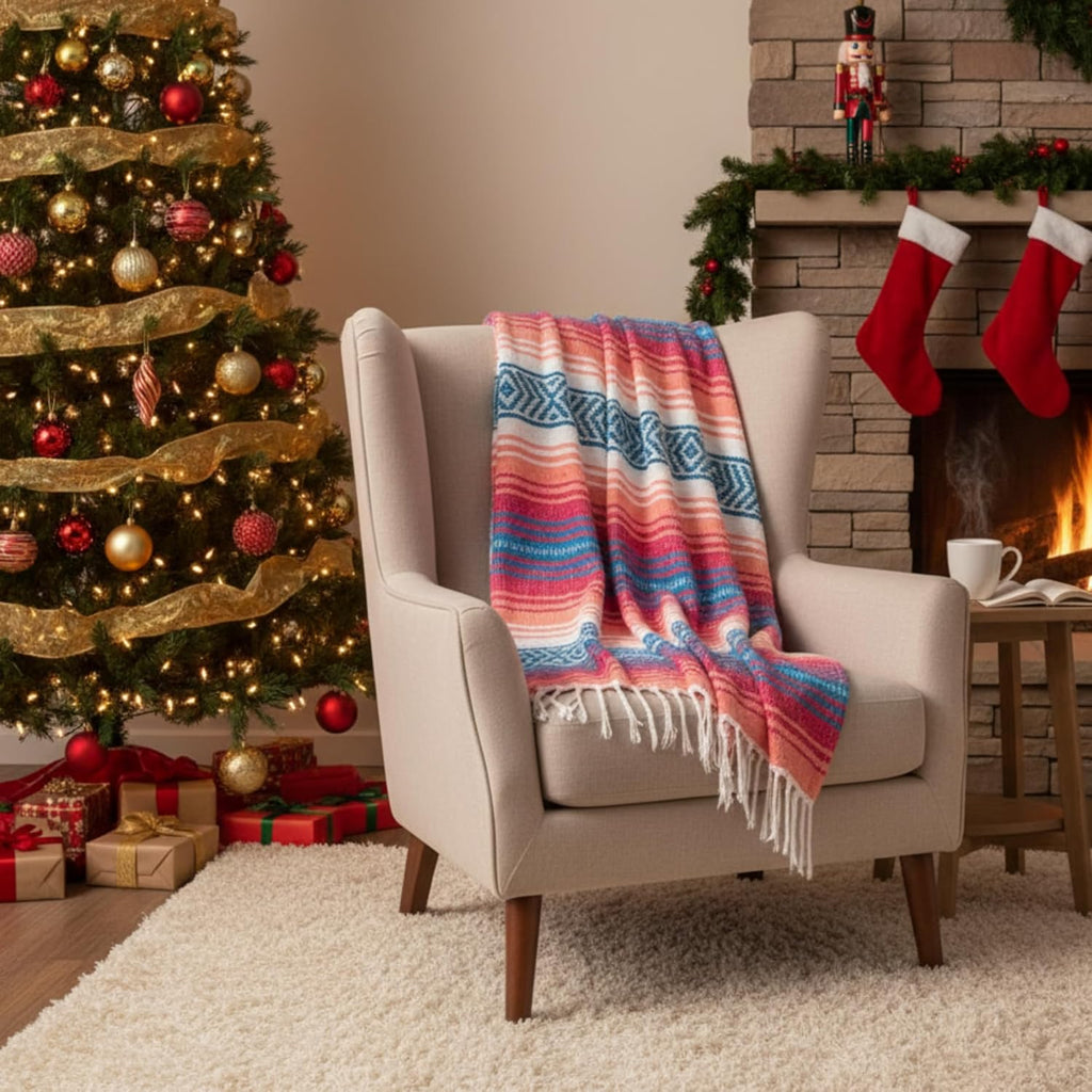 Authentic Handwoven Mexican Blanket - Coral