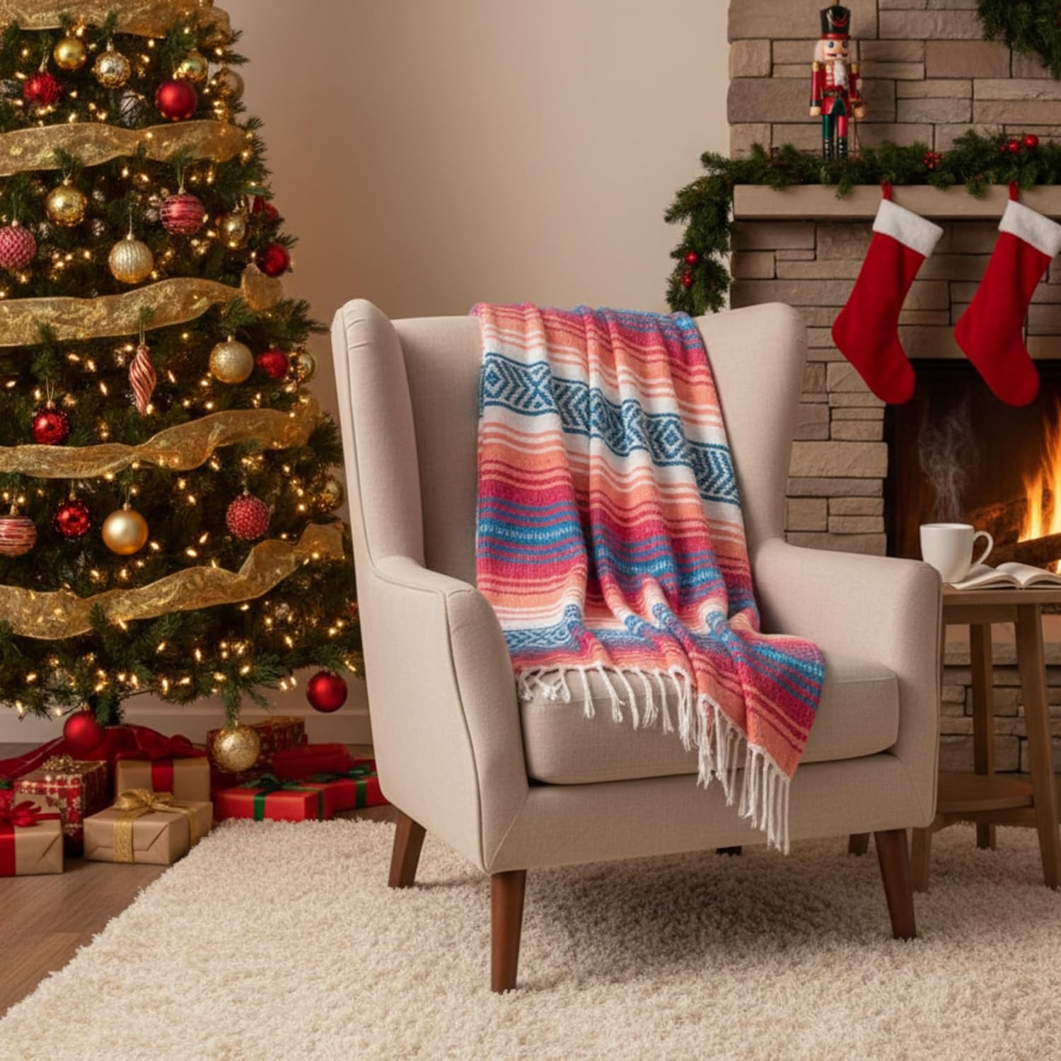 Authentic Handwoven Mexican Blanket - Coral