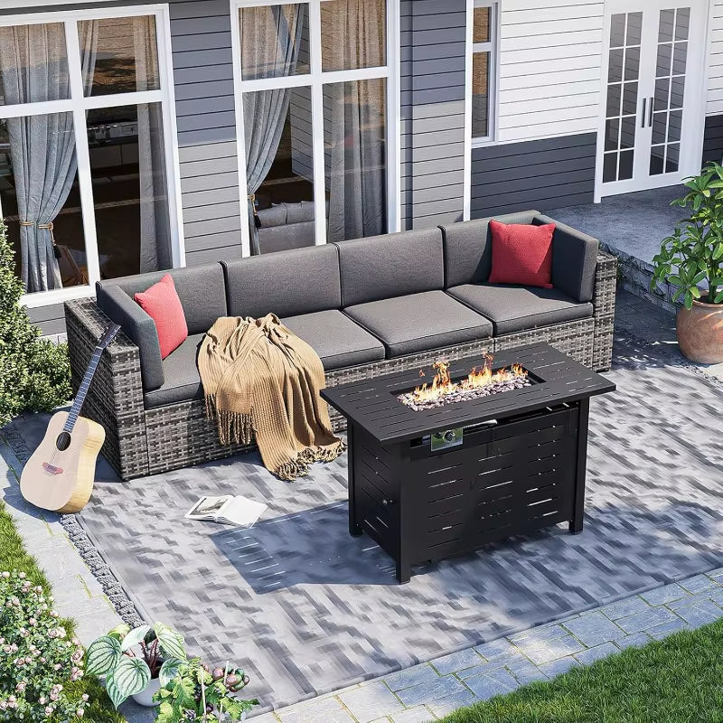 5 Piece Patio Furniture Set with 41'' Metal Fire Pit Table Wicker Rattan Patio Conversation Set Outdoor Sectional Sofa Set