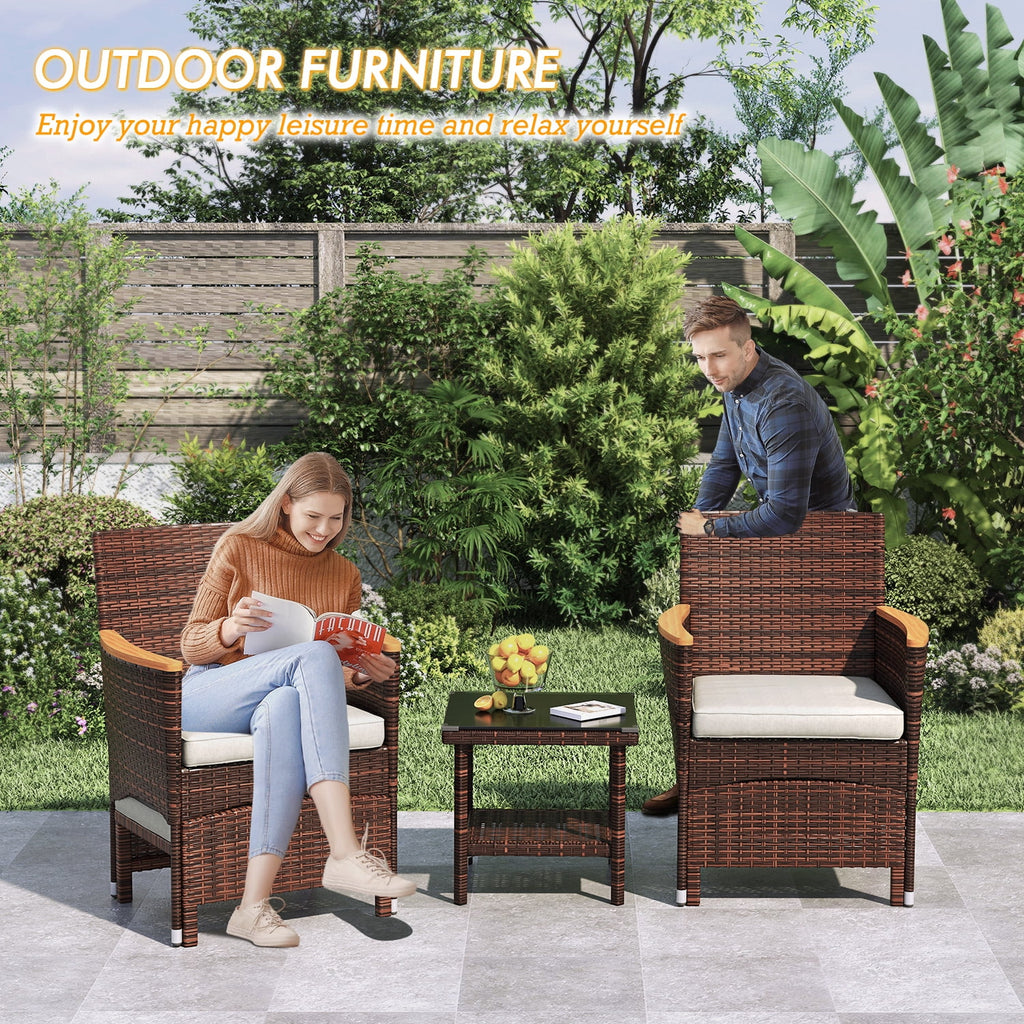 5 Piece Outdoor Patio Furniture Set with Table&Ottoman Outdoor Furniture Patio Set Bistro Wicker Patio Set (Brown Wicker&Khaki Cushion)